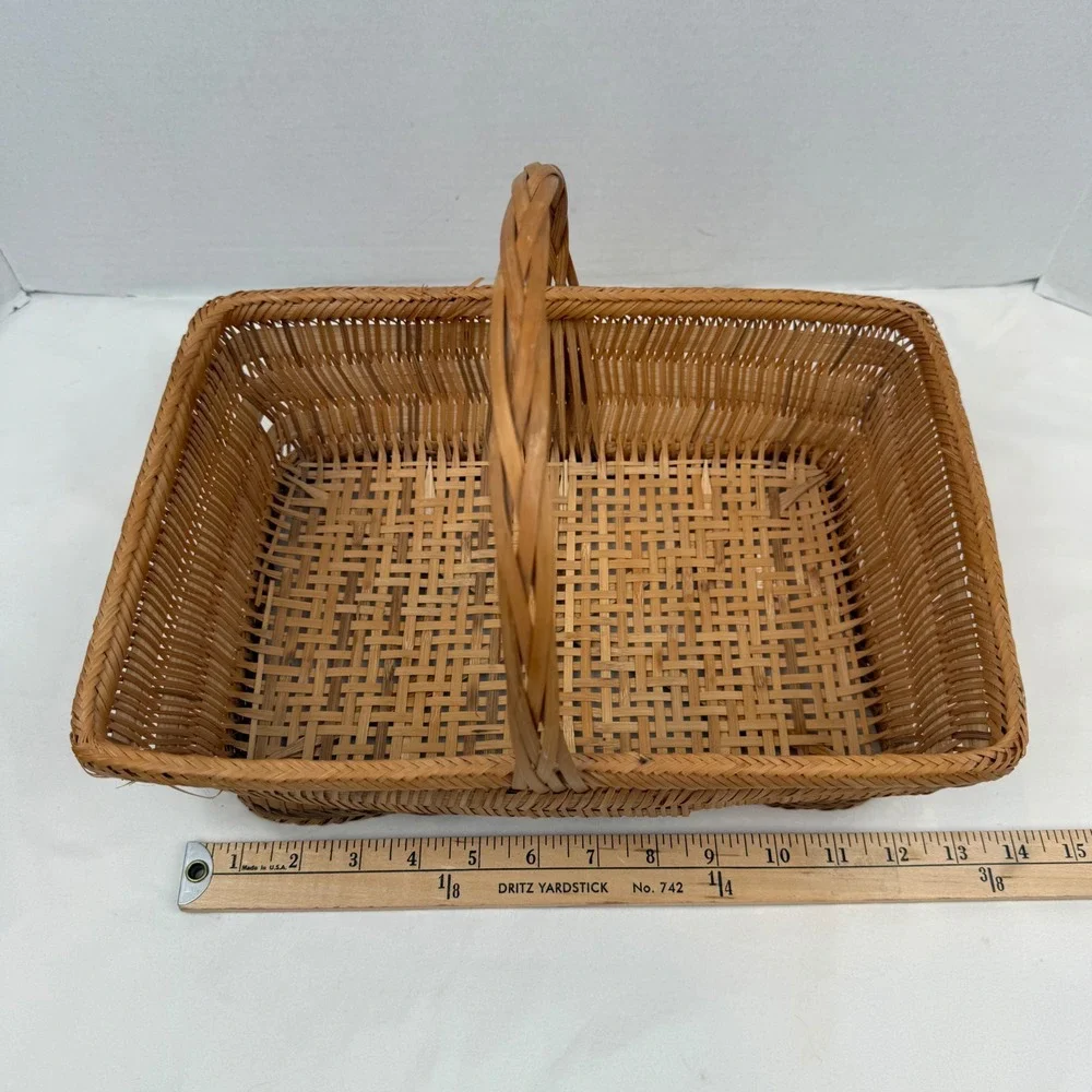 Vintage Handwoven Wicker Basket Rectangular Bamboo Reed with Handle Brown